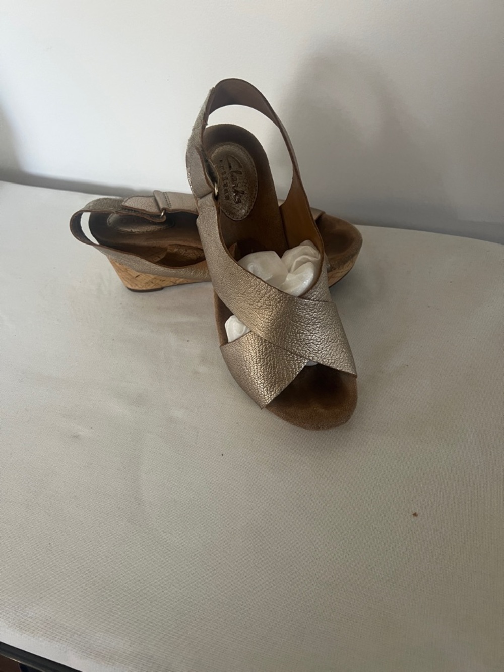 Clarks Women’s Metallic Pewter Crisscross Wedge Sandals